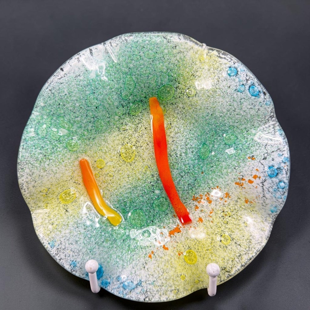 Artisan Fused Glass Bowl Wavy Rim Speckled Green Yellow Orange 6 Inch Decorative
